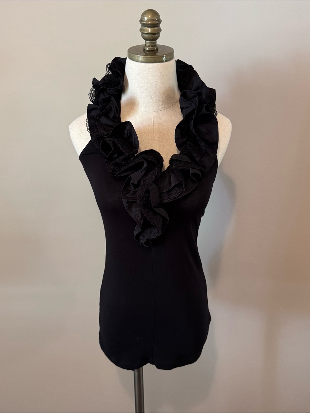 CAbi Black Ruffled Neckline Sleeveless Top